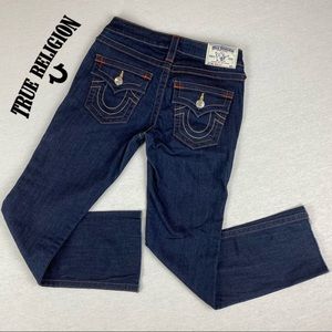 True Religion Becky Raw Edge Hem Dark Wash Flap Pocket TR Logo Bootcut Jeans